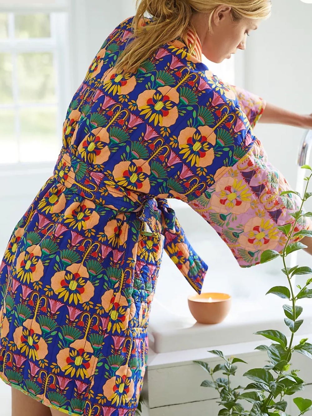 Anthropologie Mary O’Malley Reversible Quilted Kimono Robe M/L Boho Artsy Whimsy